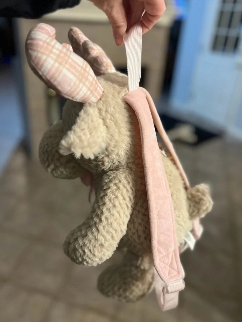 Pink and Tan Plaid Moose Stuffed Backpack - Carried Away by Stepping Stones